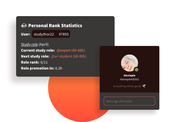 An example of the personal statistics students can see including study streak, study role and time spent studying, as well as leaderboard rankings. Also an example of how students can invite friends.