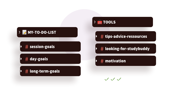 Examples of to do lists and goal setting options within the Discord calls, as well as examples of channels which encourage sharing study tips, advice, looking for a study buddy or study group, and motivation 